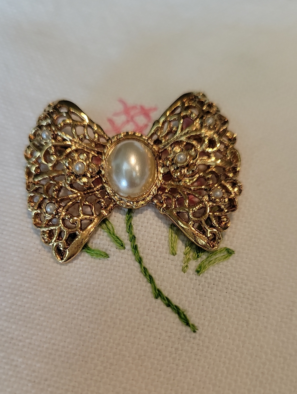 Gold Bow Pearl Accent Brooch - Elegant Women's Jewelry